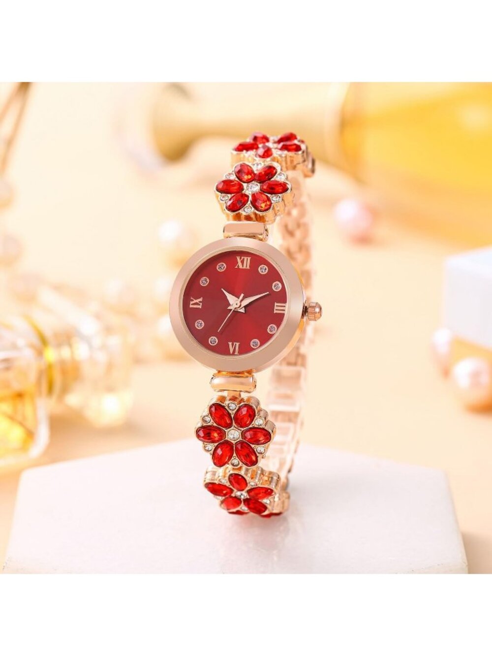 Women's Red Bracelet Fashion Item Waterproof Quartz Flower Shaped Wrist Watch - Picture 2 of 4